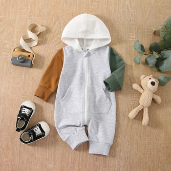 Одежда Для новорожденных мальчиков Цветной блок, комбинезон с капюшоном на молнии с длинным рукавом и карманом, осенне-весенняя одежда, комбинезоны, наряды
