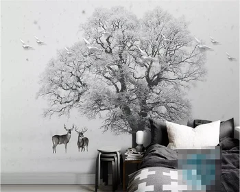Обои Beibehang Скандинавский минималистичный черно-белый снег большое дерево летящая птица лось украшение дома ТВ фон 3d обои