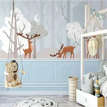 Скандинавские мультяшные обои 3D декор спальни лес летящая птица олень фон детской комнаты Настенные обои для детской комнаты