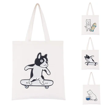Сумка с рисунком конька Шиба-Ину, сумка с рисунком собачки и кошки, сумка с рисунком конька, внутренний карман на молнии, холщовая сумка для девочек, сумка через плечо, Оптовая продажа