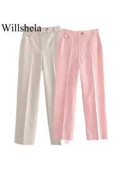 Willshela / Женские Модные Однотонные прямые брюки на молнии спереди, винтажные женские шикарные брюки полной длины с высокой талией