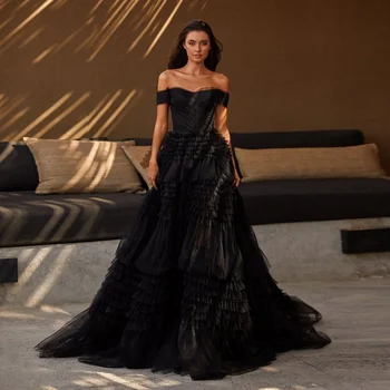 Черное Многослойное платье для выпускного вечера с оборками с открытыми плечами, Вечернее платье Из Многоуровневого тюля, Элегантные вечерние платья 2023