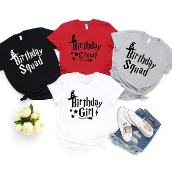 Футболка Wizard Graphic Girl Birthday Squad Crew, Семейная футболка Potterhead для вечеринки по случаю дня рождения, топы, модная женская одежда