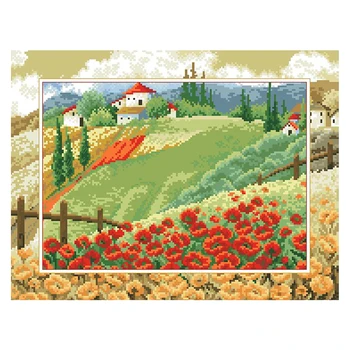 Amishop Красивый Набор Для Вышивания Счетным Крестом Mono Scenery Poppy Filed Land Ферма Деревня Сельская Местность Загородный Купол 100109