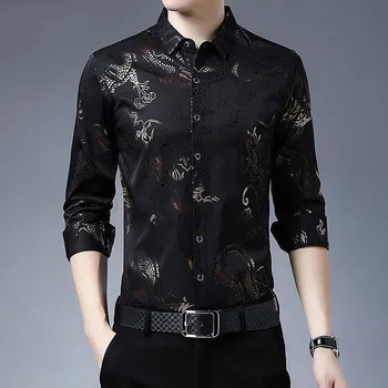 Осенью 2024 года Новая мужская рубашка-поло с длинными рукавами и цветочным принтом из ледяного шелка, весенняя мода, Повседневный приталенный универсальный деловой топ