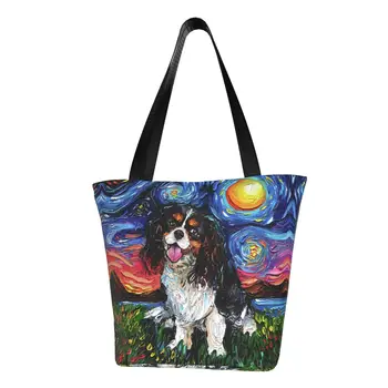 Хозяйственная сумка Cavalier King Charles Spaniel Starry Night, холщовая сумка-тоут, портативные сумки для любителей домашних собак, продуктовые сумки для покупок