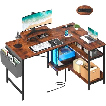 L-образный стол 47-дюймовый компьютерный стол с розетками и USB-портами Стол для домашнего офиса с подставкой для монитора Угловой стол для домашнего офиса