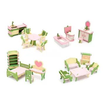 4 Комплекта миниатюрной мебели для кукольного домика из дерева, модель-головоломка для детей, детские игрушки