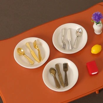 4шт Кукольный домик 1:12 Мини-тарелка Нож Вилка Ложка набор Модель кухонной посуды Аксессуары для декора кукольного домика Игрушки для ролевых игр