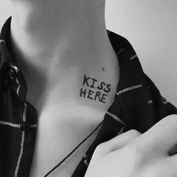 Поддельные татуировки на ключицах для женщин, пара фестиваля писем KISS HERE, Водонепроницаемые временные татуировки, наклейки на шею, карнавальная сексуальная татуировка