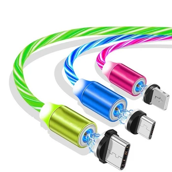 Магнитный кабель, струящийся светодиодный кабель Micro USB для Samsung Type C, зарядка для Xiaomi для iPhone, шнур зарядного устройства на магните