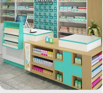 Кассовый магазин На небольшом углу, современная простая аптека, специальная стойка регистрации, стойка регистрации аптеки