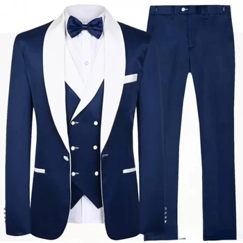 Сшитый на заказ темно-синий мужской костюм 2023 года, смокинги для жениха, костюмы для шаферов с отворотом, мужские свадебные костюмы (куртка + брюки + жилет)