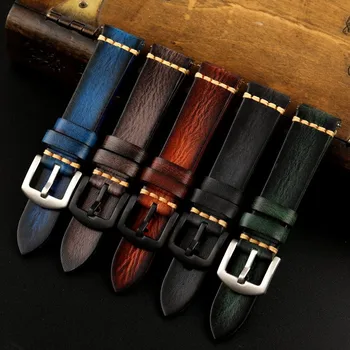 Черно-синий кожаный ремешок ручной работы 20-22 мм, износостойкий высококачественный браслет из натуральной кожи, мужской ремешок в винтажном стиле