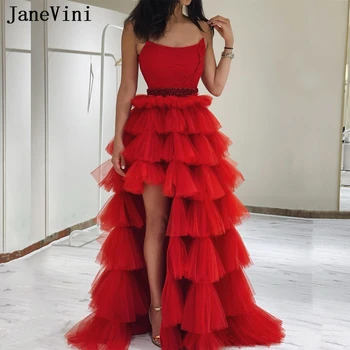 JaneVini Красные платья для выпускного вечера для женщин, Многоуровневая юбка из бисера, тюль, сексуальный разрез без бретелек, Роскошное вечернее платье в Дубае, повседневные платья