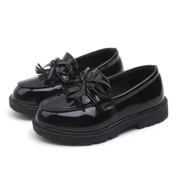 Детские лоферы, весенняя элегантная кожаная обувь для малышей с кисточками, без застежки, для девочек, на массивной подошве, винно-красная, черная, 21-36 лет, повседневная детская обувь