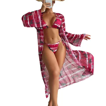 женский комплект бикини, купальники из трех частей, сексуальный купальник с принтом, женская пляжная одежда с длинным рукавом, купальник, женские купальники