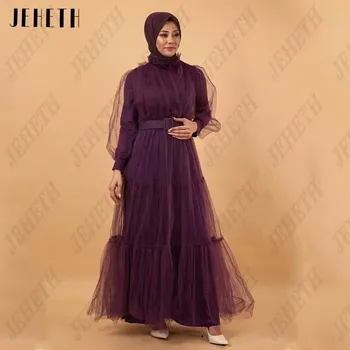 Элегантное мусульманское вечернее платье JEHETH с пышными рукавами и высоким воротом, на молнии сзади, платье для выпускного вечера Длиной до щиколоток трапециевидной формы 2023 г.