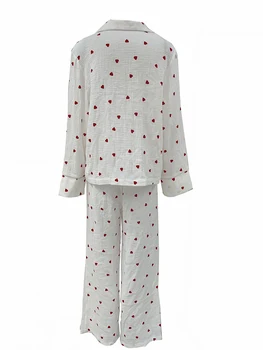 Женский пижамный комплект из 2 предметов, рубашка с длинными рукавами и пуговицами с принтом в виде сердца и эластичные брюки, одежда для отдыха, мягкая пижама