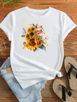 Модная футболка с коротким рукавом, графическая футболка, Женская футболка с изображением кошки и цветка, тренд 90-х, Милая одежда, топ с принтом, женская одежда, футболка