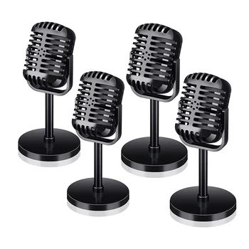 4шт Ретро-реквизит для микрофона, модель винтажного микрофона, антикварный игрушечный микрофон, декор сценического столика, черный