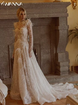 Скромное свадебное платье с высоким воротником и длинным рукавом, блестящие пайетки, бусы, халат невесты, Элегантное кружевное длинное свадебное платье Robe De Mariée