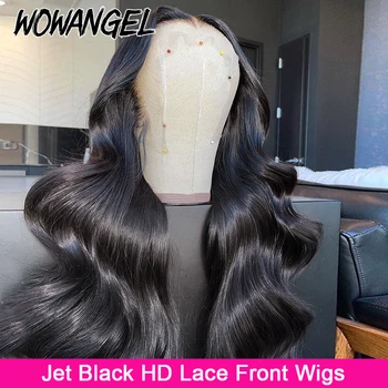 Wow Angel Черный как смоль 250% 13x4 HD Кружевные Парики из натуральных волос с полной фронтальной частью, объемная волна, Ультратонкие HD Кружевные парики с фронтальной частью, предварительно выщипанные для женщин