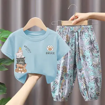 Летний комплект одежды для маленьких мальчиков и девочек, хлопковая футболка с короткими рукавами и принтом Taddler's Kids + штаны, детская одежда для мальчиков от 1 до 9 лет