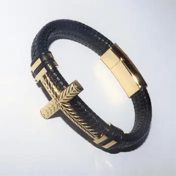 Мужской классический кожаный браслет с крестом, металлическая магнитная пряжка, Религиозный браслет, повседневный ювелирный аксессуар