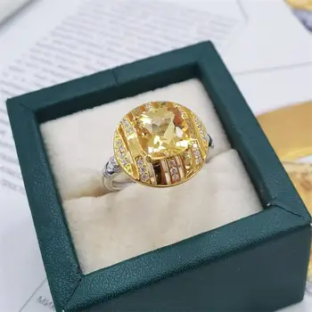Самый продаваемый Бестселлер S925 Стерлинговое серебро Белое золото 100% Натуральный Желтый кристалл 8 * 8 мм Серебряное кольцо Лучшая женщина Подарок Леди