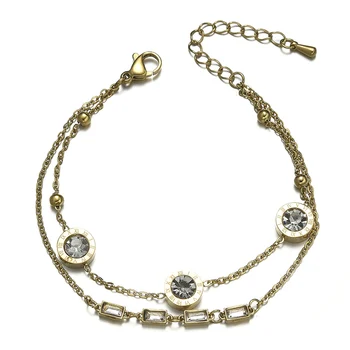 Нержавеющая сталь, Кристалл Золотого цвета, Двойная цепочка с Римскими цифрами, Женские украшения на запястье, браслет для женщин, Модный подарок