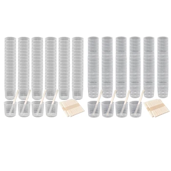 Пластиковые градуированные стаканчики в упаковке из 100 прозрачных чашек с весами, прозрачные стаканчики для смешивания из эпоксидной смолы со 100 ШТ палочек для перемешивания