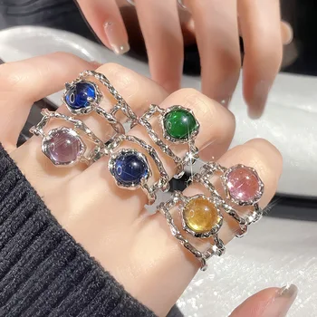 Винтажное открывающееся стеклянное кольцо с кристаллами в геометрической форме Для женских эстетических украшений из меди