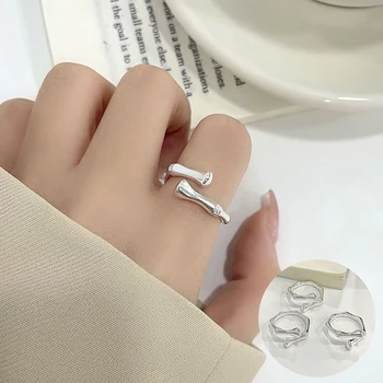 Геометрическое Открытое кольцо из 100% стерлингового серебра 925 пробы для женщин, Гладкий простой дизайн бамбуковых соединений, ювелирные изделия, подарок для вечеринки, прямая поставка