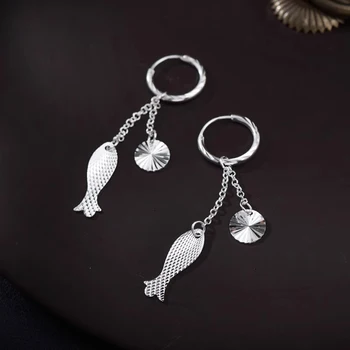 S990 Изысканные серебряные женские серьги-кольца с рыбой на удачу, лучший подарок