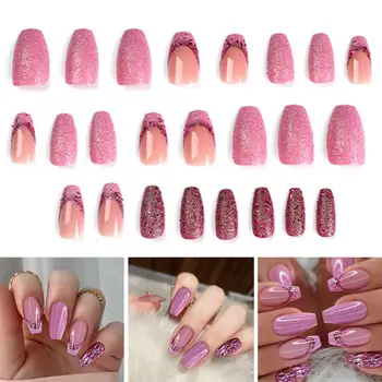 Женские накладные ногти с клеевым напылением на ногти Розовый гель с блестками, накладные ногти, Французский маникюр с блестками, Набор для нейл-арта 