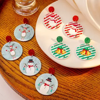 Милый мультяшный Олень, Снеговик, серьги-колокольчики, модные акриловые круглые серьги-гвоздики, подарки для Рождественской вечеринки для женщин и девочек