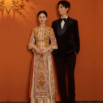 Вечерние платья невесты с вышивкой дракона и Феникса, китайское традиционное свадебное платье, женский Классический Чонсам