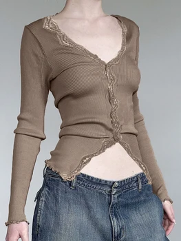 Женская трикотажная рубашка с длинным рукавом, кружевные базовые топы в стиле пэчворк, повседневные кардиганы на пуговицах, осенняя уличная одежда, эстетичная одежда