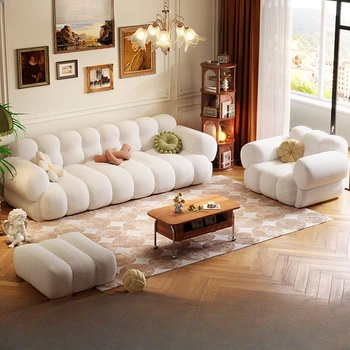 Французский кремовый диван, сахарная вата, Прямой ряд, Простая небольшая гостиная, клавиша пианино, Ретро Плюшевый флисовый диван