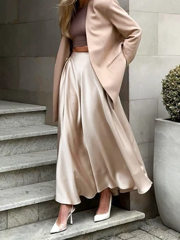 Осень-зима 2023, элегантная однотонная атласная юбка миди с высокой талией, женское свободное бальное платье, длинная расклешенная юбка для женщин