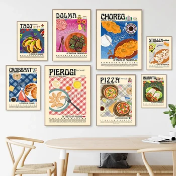 Скандинавское искусство Тако Пицца Паэлья Мексиканская Французская Японская еда Плакат Картина на холсте Настенное искусство для украшения дома в кухонной комнате