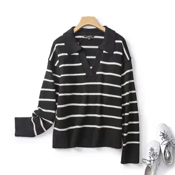 Женская осень 2023, новый модный повседневный вязаный свитер в полоску в стиле Джокер, ретро-поло, пуловер с длинными рукавами, шикарный топ.