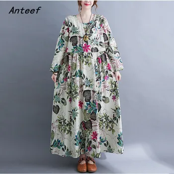 Anteef хлопчатобумажные винтажные платья с цветочным рисунком из хлопка с длинным рукавом для женщин, повседневные свободные женские летние весенне-осенние платья, элегантная одежда 2023