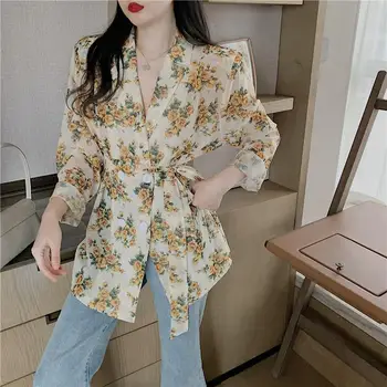 Летняя блузка Женская 2023 повседневная с длинным рукавом французская винтажная шифоновая рубашка с цветочной шнуровкой на талии Женская солнцезащитная блузка женский топ
