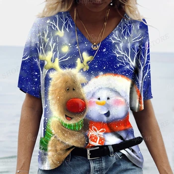 Рождественская футболка с Лосем, Забавная футболка с 3D Принтом Снеговика, Женские Модные футболки в стиле Харадзюку, Футболки, С Рождеством, Футболка Оверсайз