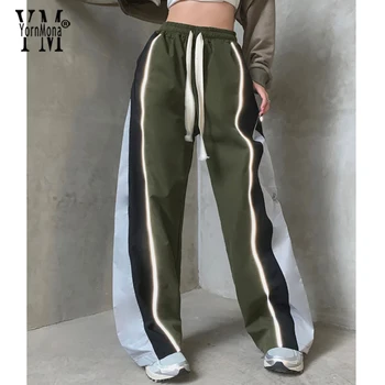 Модные повседневные универсальные брюки в стиле пэчворк от YornMona Ins, американские винтажные эластичные широкие брюки с высокой талией