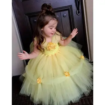 Желтое платье-пачка принцессы Беллы для девочек, детское вечернее платье с цветочным узором, связанное крючком, бальное платье, детское праздничное платье для вечеринки по случаю Дня рождения