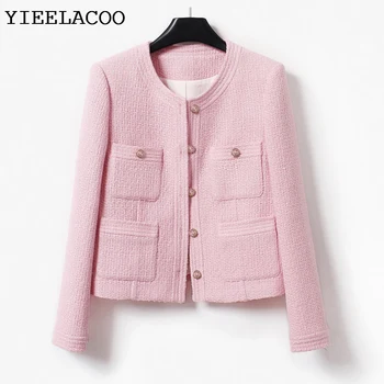 Розовый твидовый жакет, новое весенне-осенне-зимнее шерстяное пальто, элегантный стиль, новая женская классическая шерстяная куртка