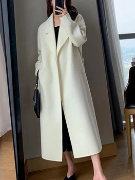 Шерстяное пальто для женщин, Новое Модное Элегантное офисное Женское пальто с отложным воротником, Свободные Длинные Кардиганы, женское повседневное пальто, Зима